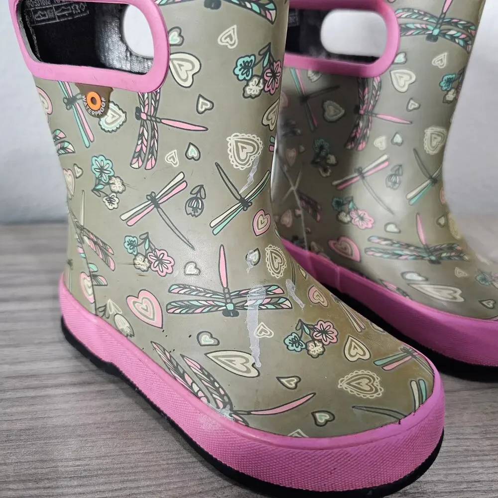 Bogs Skipper Rain Boots Gray Pink Dragonfly Little Kids US 8 Outdoor Waterproof